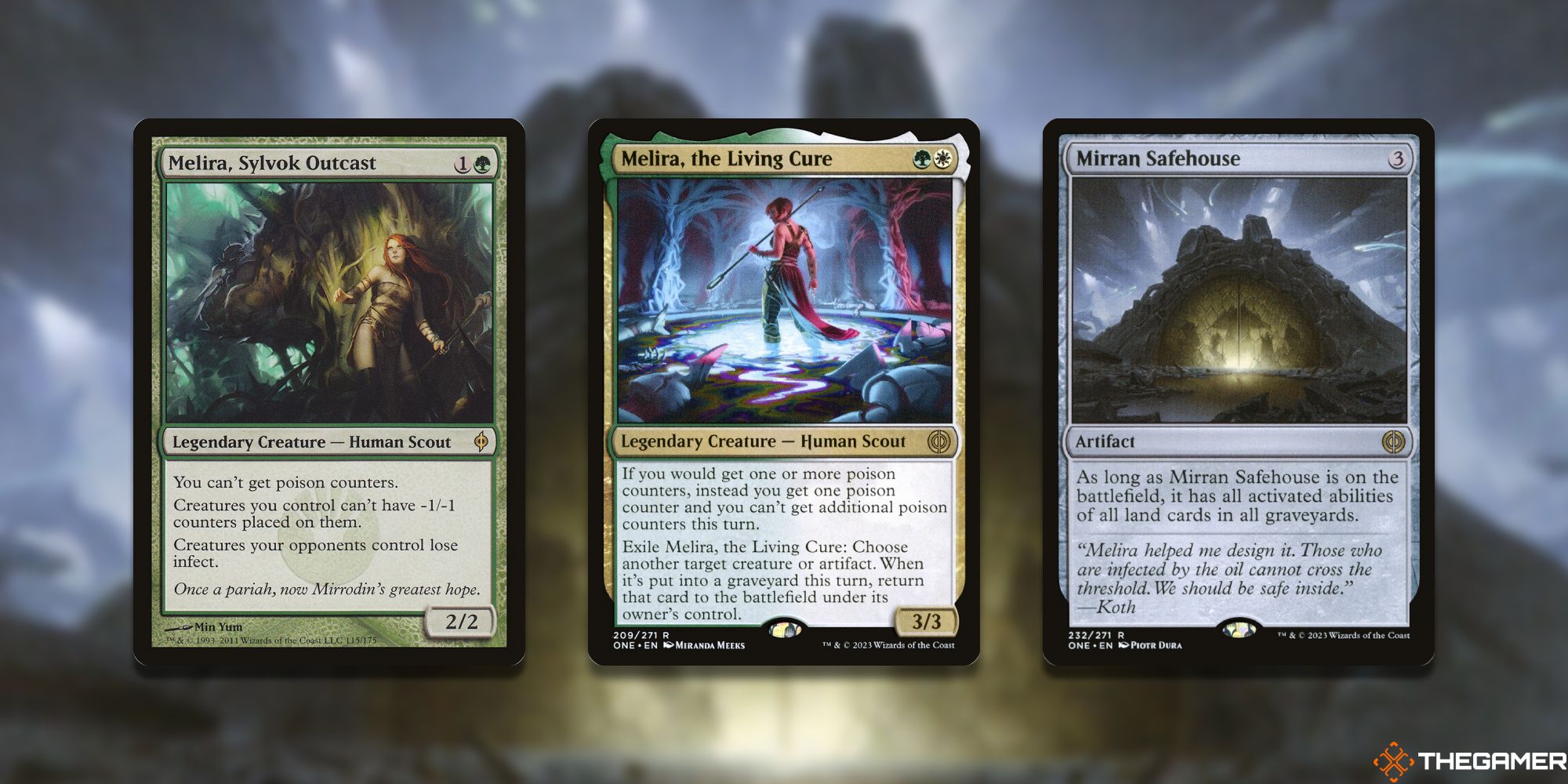 Three Magic: The Gathering cards depicting or referencing Melira.