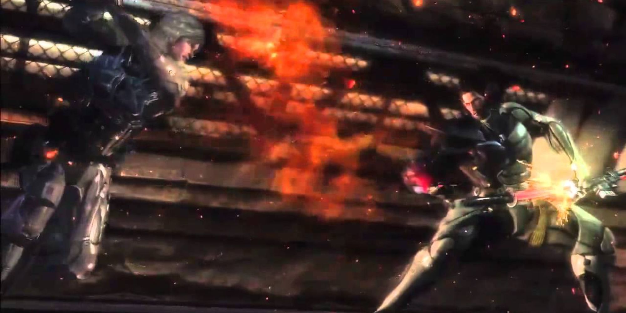 metal gear rising revengeance sam fightting raiden with swords on a train