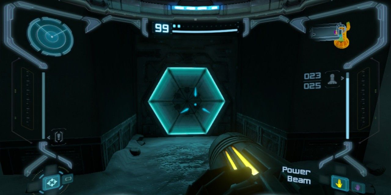 Metroid Prime Remastered screenshot of Samus aiming toward a closed blue door
