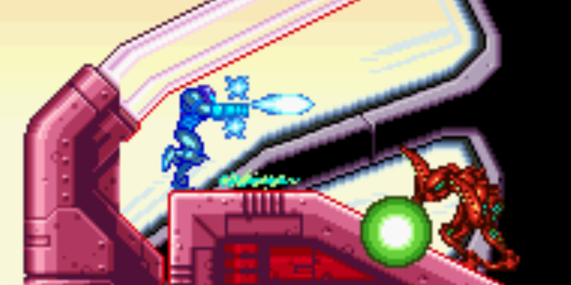 Samus shooting towards an enemy.
