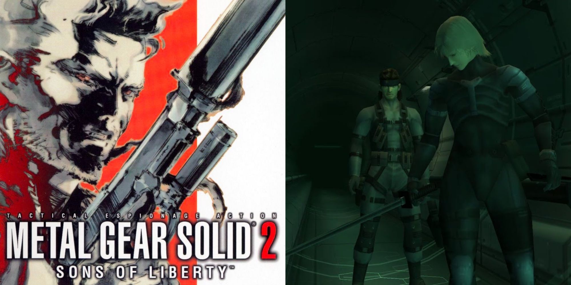 Metal Gear Solid 2 box art alongside a screenshot of Snake and Raiden with the HF Blade