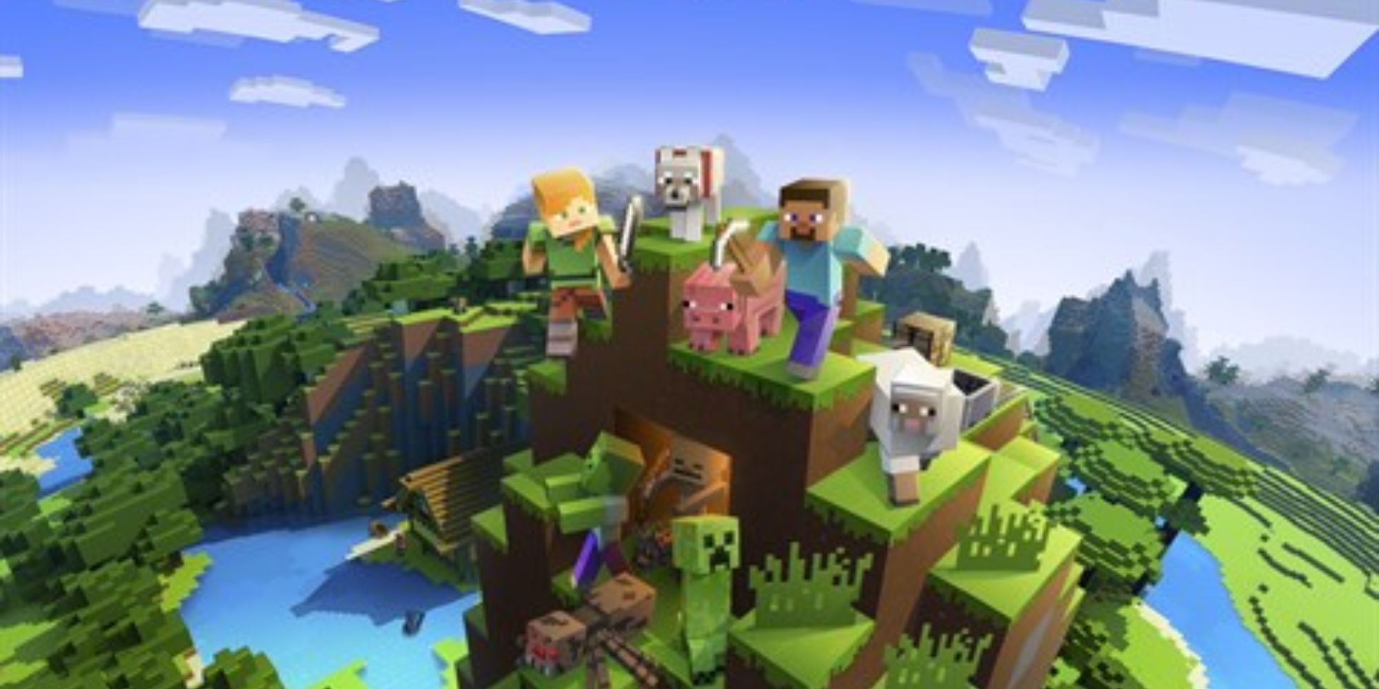Minecraft couple standing on cliff with animals and monsters