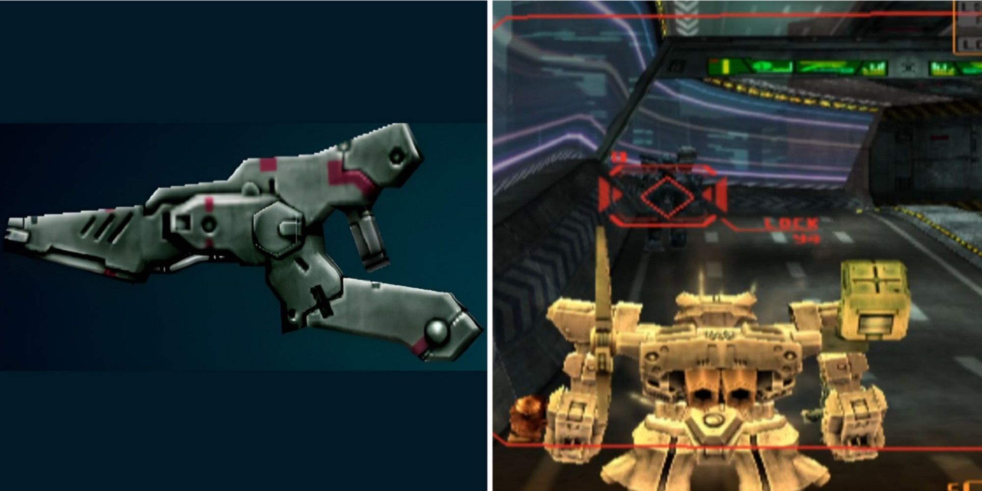 Scissor Shaped Laser Rifle With Three Vents On The Barrel And Red Markings. AC Locking Missiles Onto Enemy MT