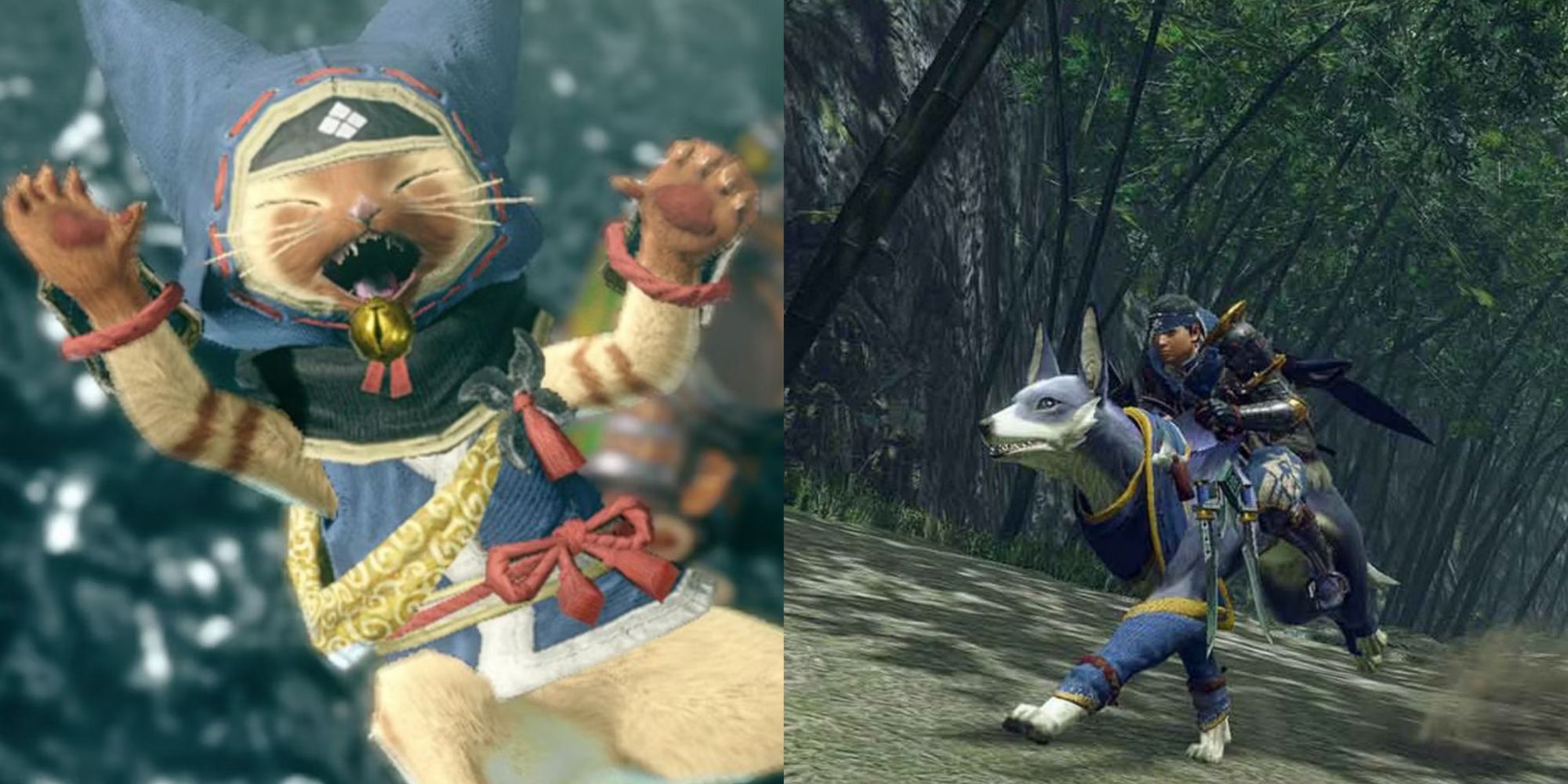monster hunter rise palico jumping for joy and hunter riding palamute through forest