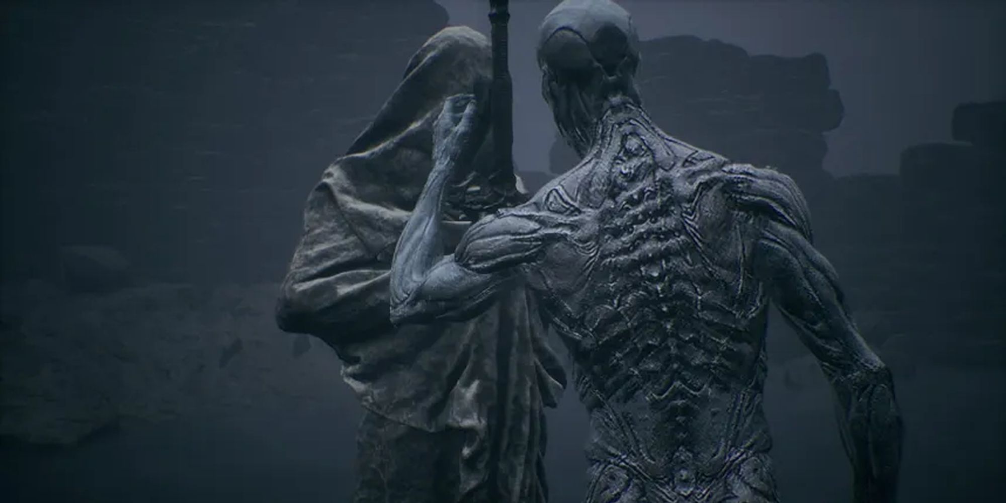 Mortal Shell Foundling Interacts With Statue