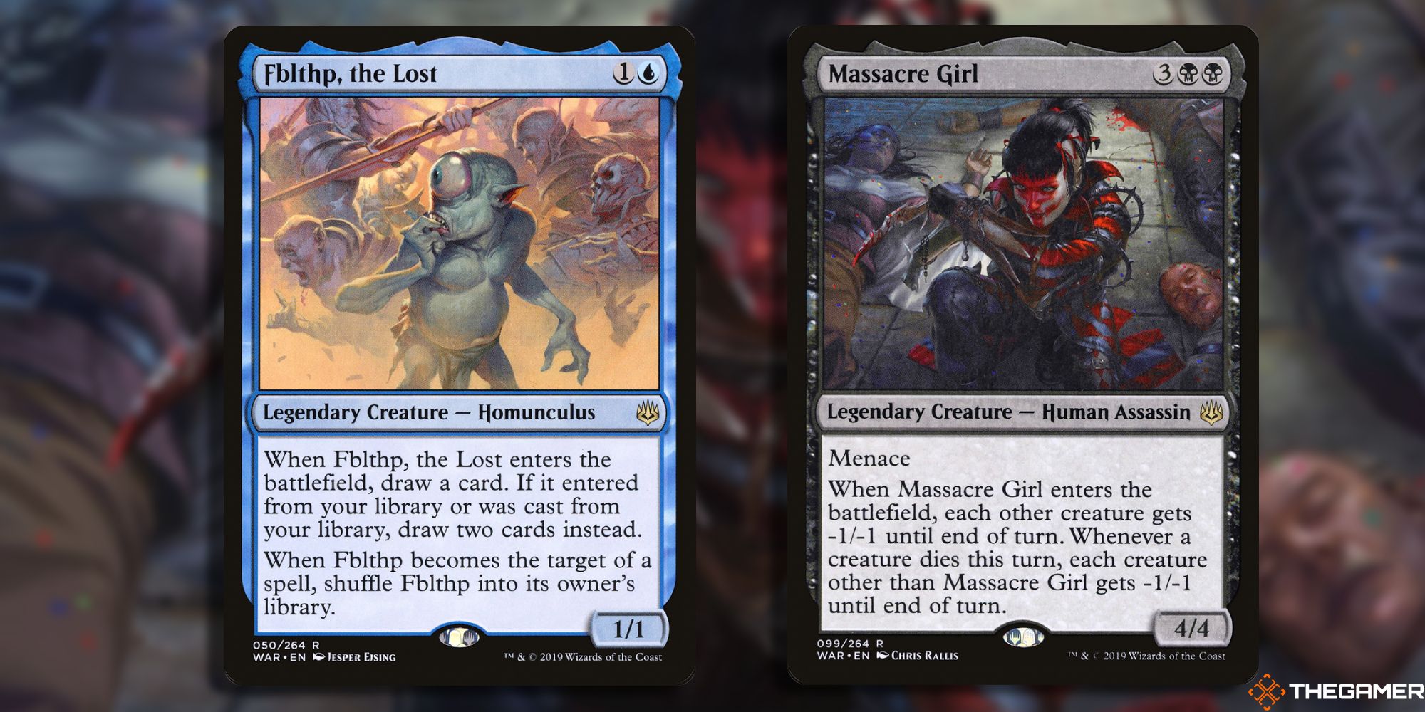 Image of the Fblthp the Lost and Massacre Girl card in Magic: The Gathering, with art by Jesper Eising and Chris Rallis