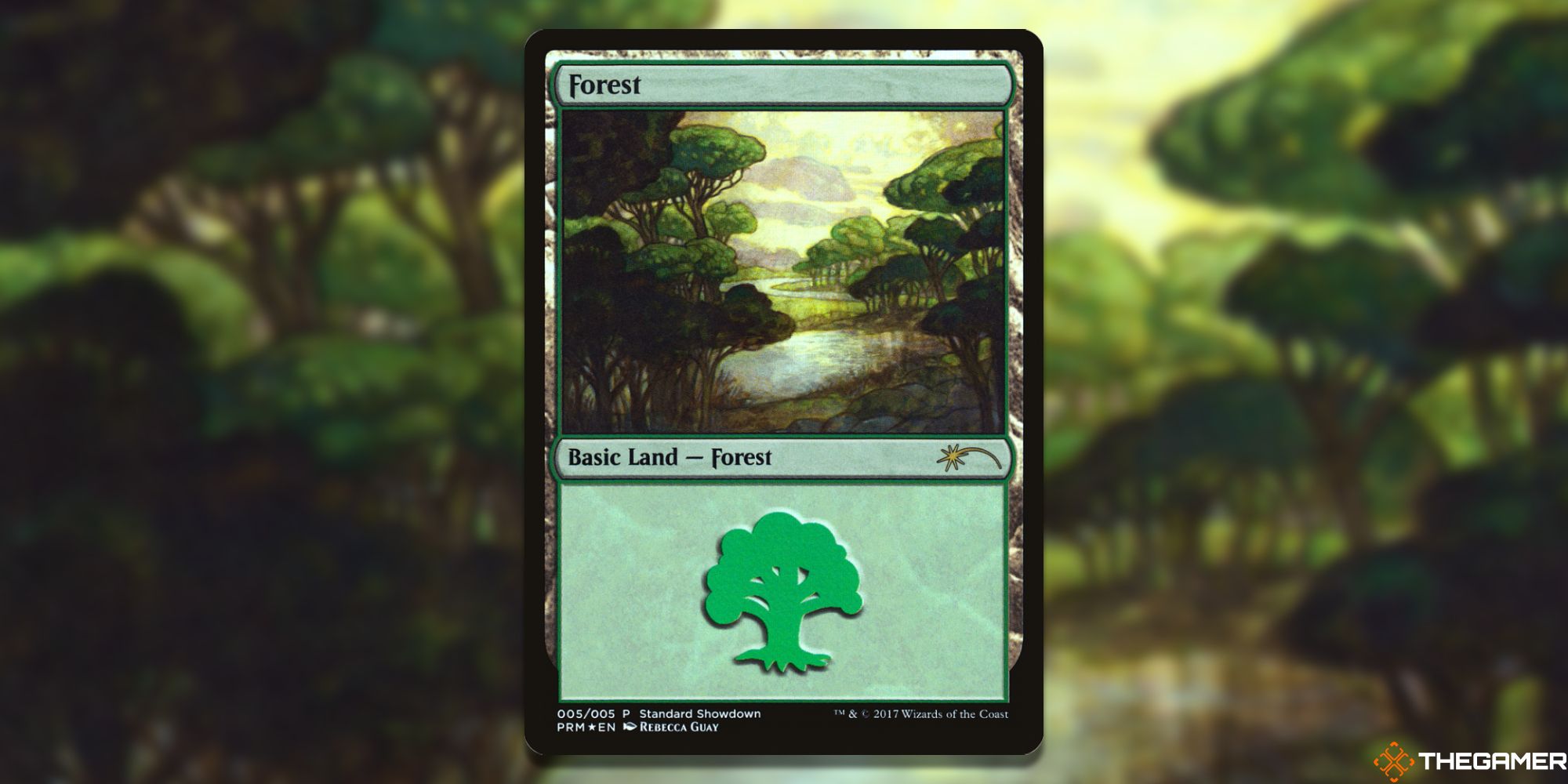 Image of the Forest card in Magic: The Gathering, with art by Rebecca Guay
