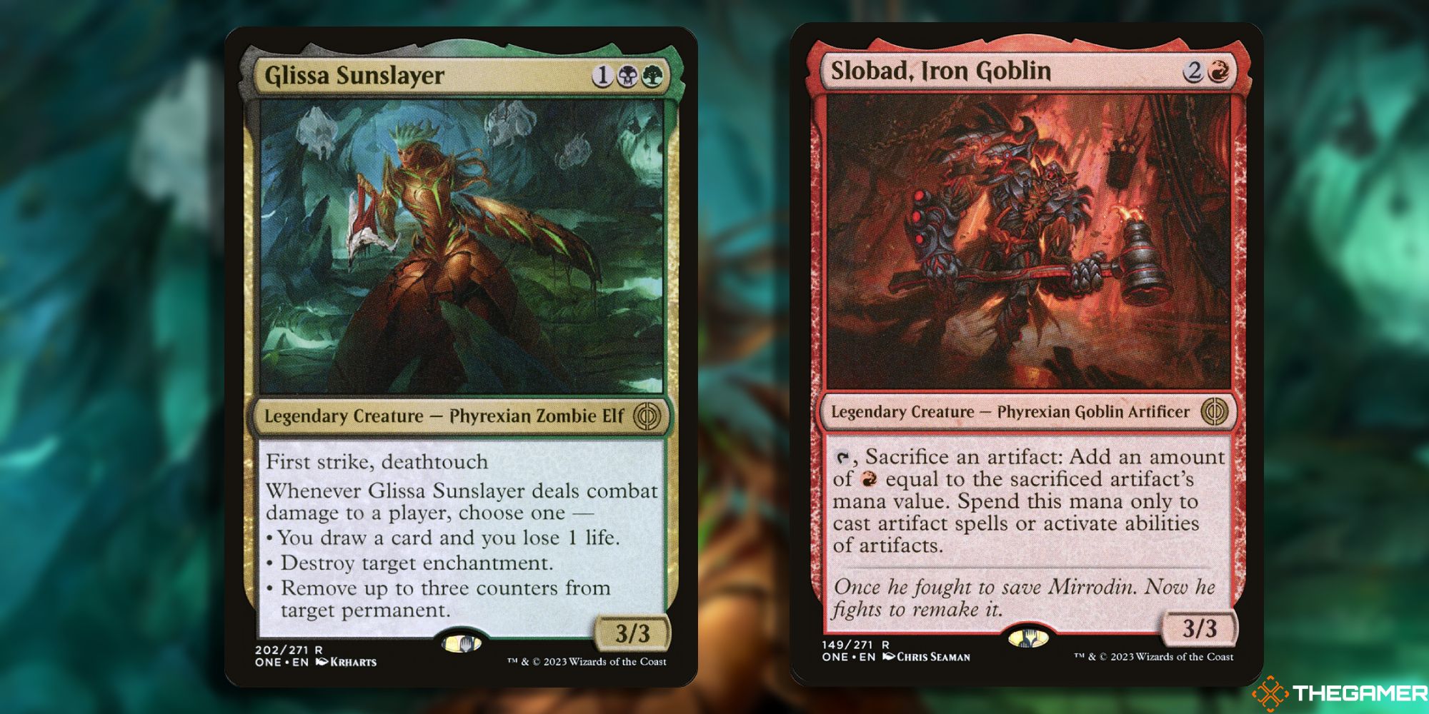 Image of the Glissa Sunslayer and Slobad Iron Goblin card in Magic: The Gathering, with art by Krharts and Chris Seaman