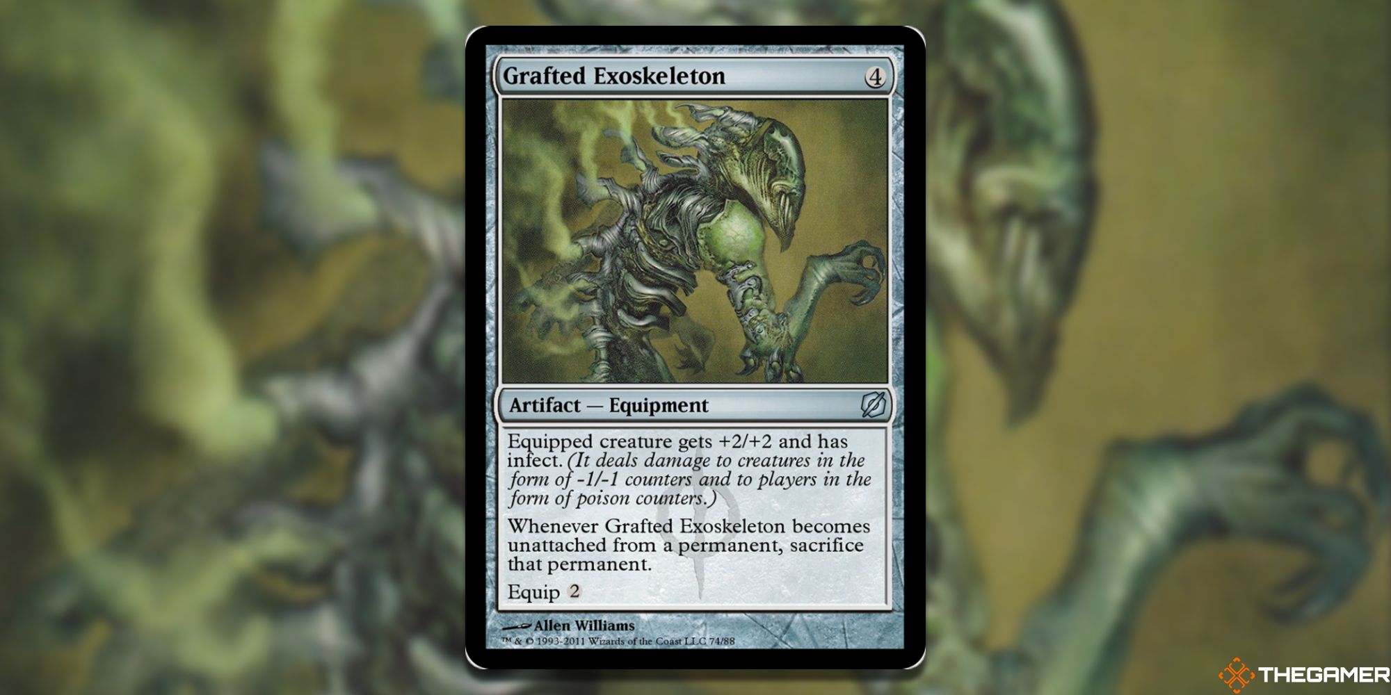 Image of the Grafted Exoskeleton card in Magic: The Gathering, with art by Allen Williams