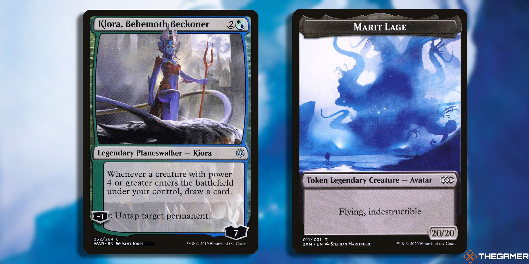 Image of the Kiroa Behemoth Beckoner and Marit Lage card in Magic: The Gathering, with art by Jamie Jones and Stephan Martinere
