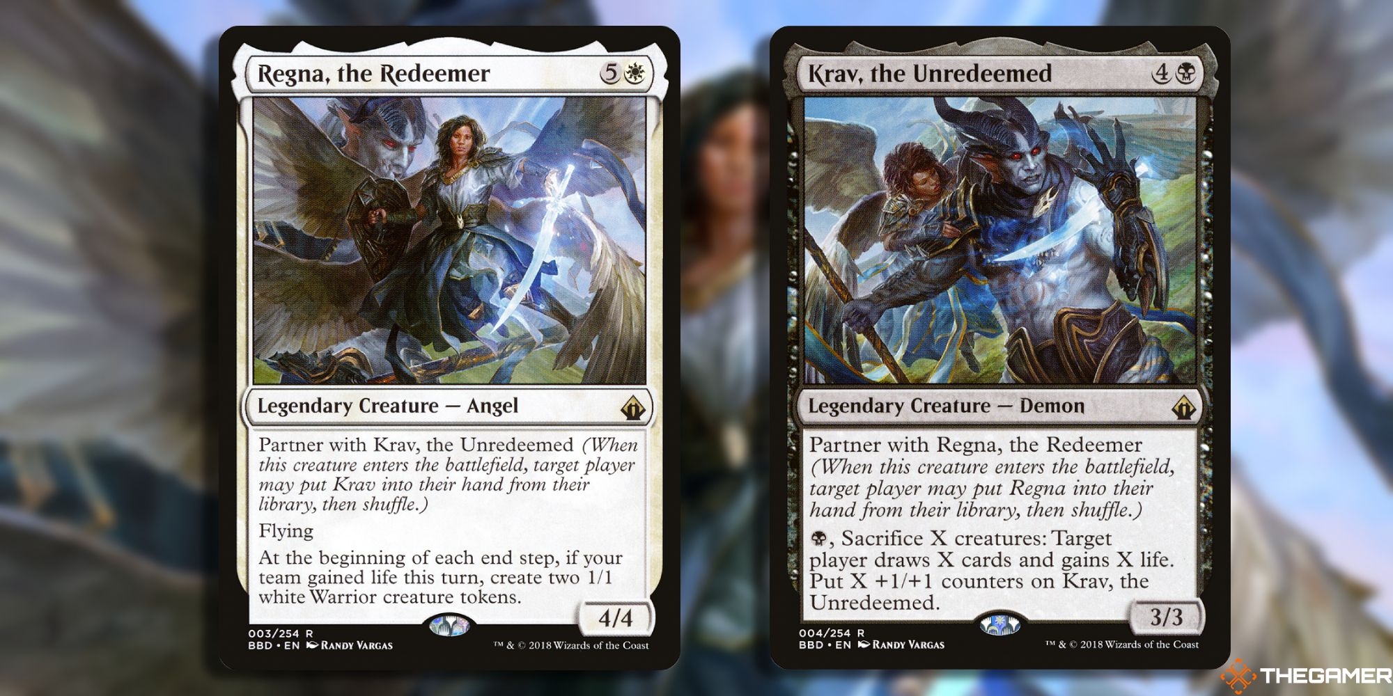 Image of the Regna the Redeemer and Krav the Unredeemed card in Magic: The Gathering, with art by Randy Vargas