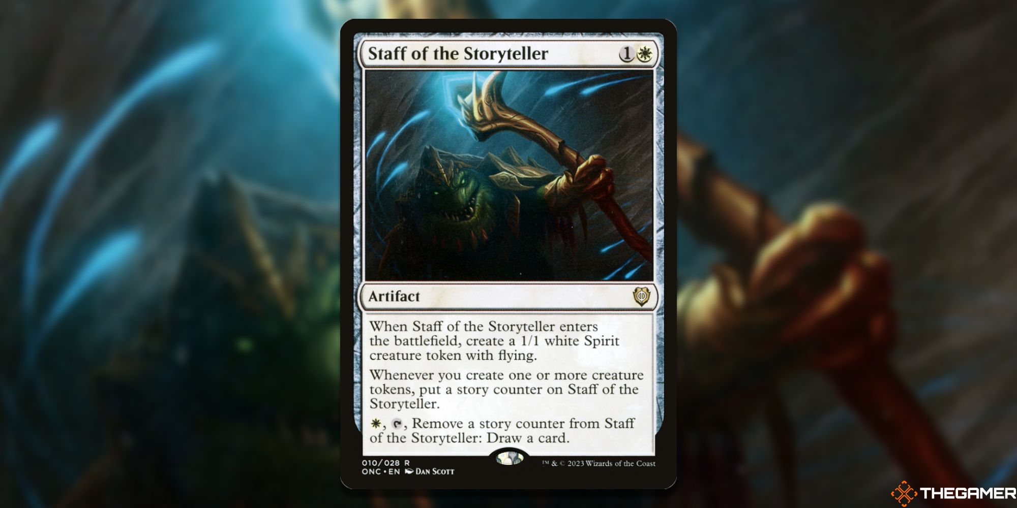 Image of the Staff of the Storyteller card in Magic: The Gathering, with art by Dan Scott
