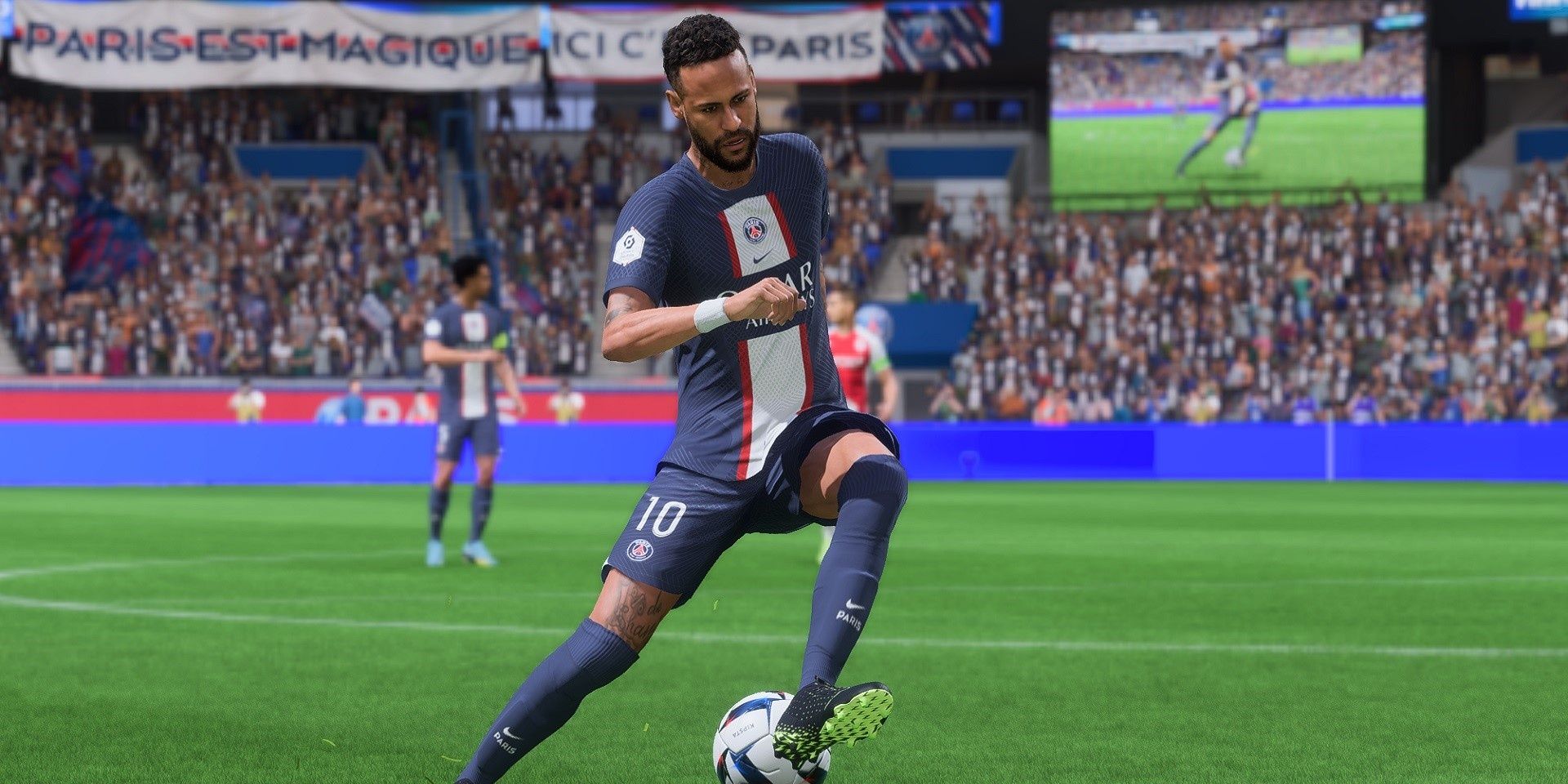 Neymar performing a skill move during a match for PSG in FIFA 23