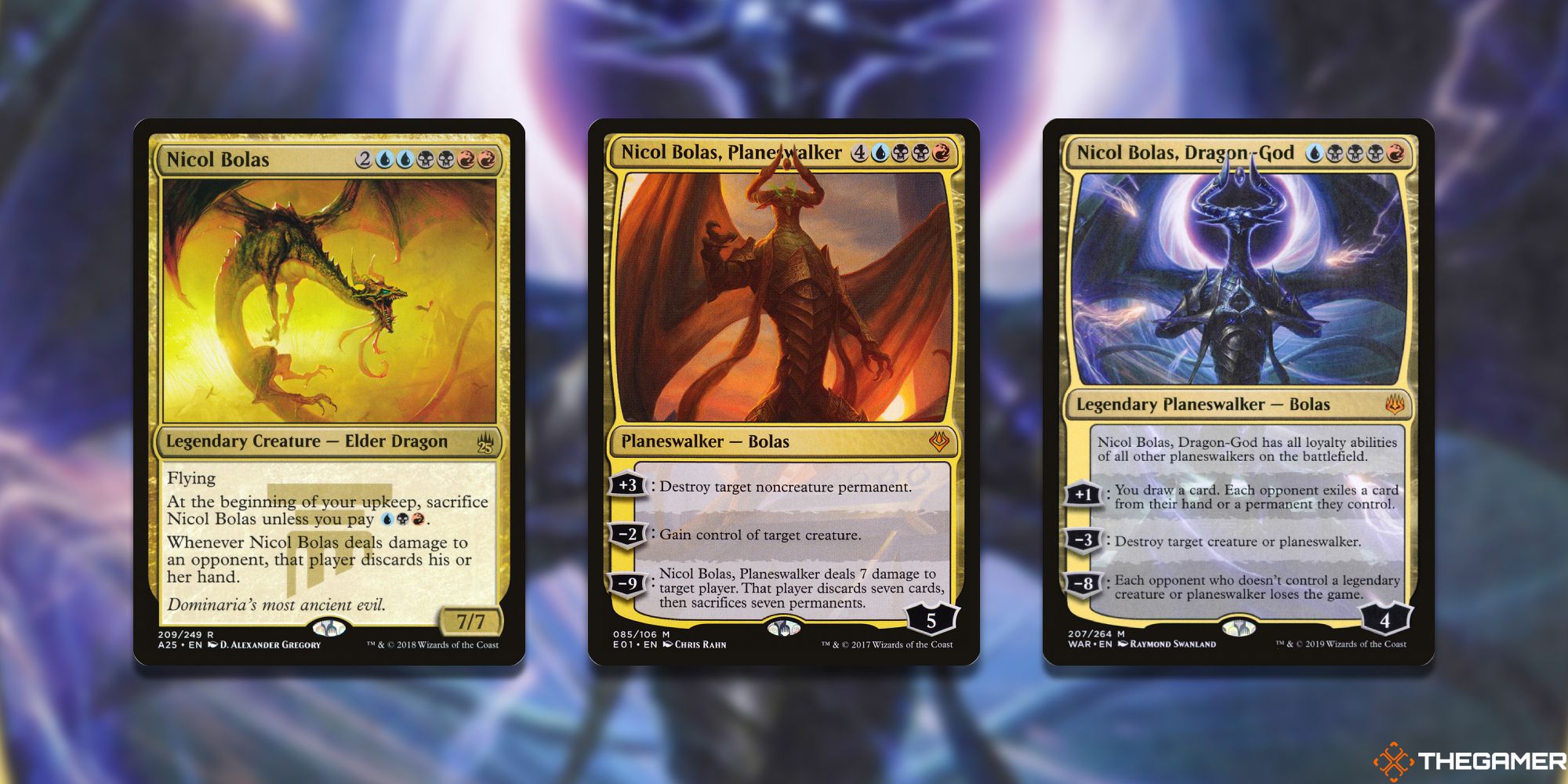 Three Magic: the Gathering cards depicting or referencing Nicol Bolas. 