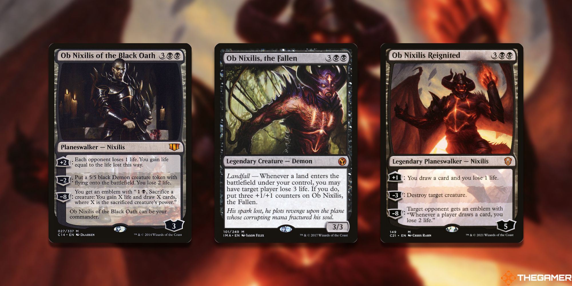 Three Magic: The Gathering cards depicting or referencing Ob Nixilis.