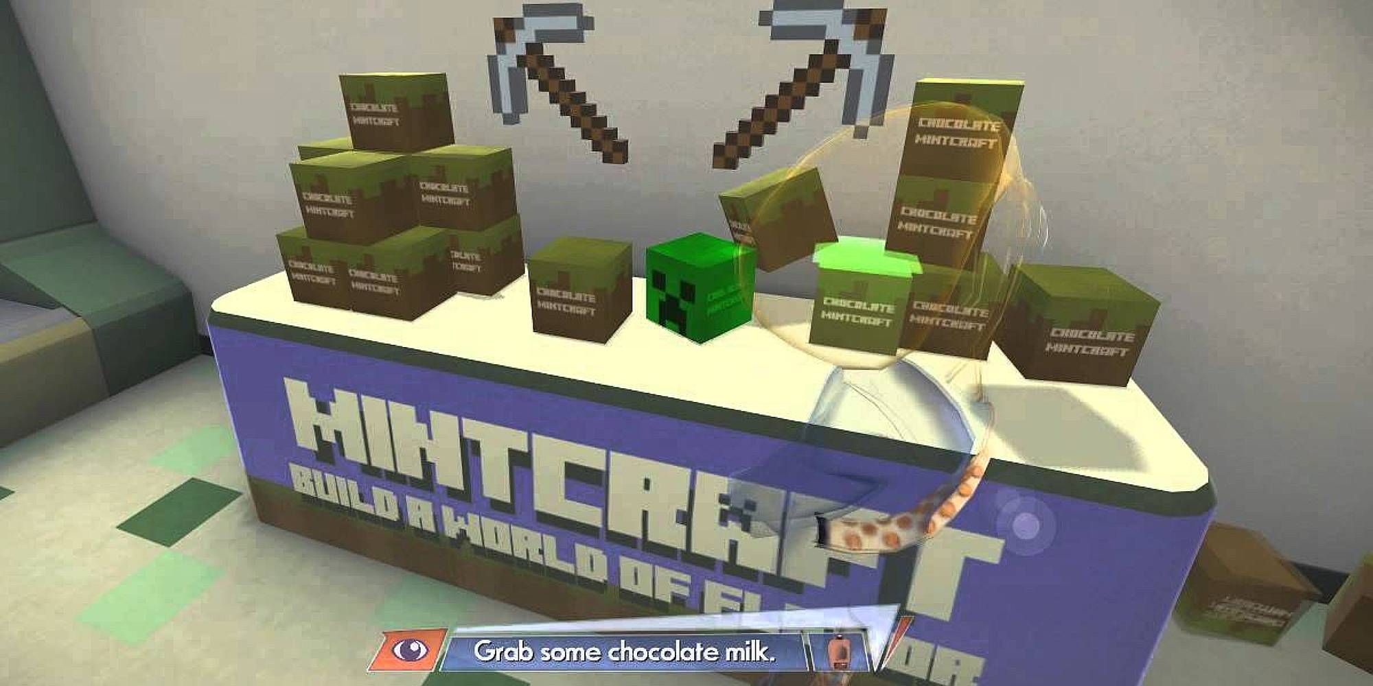A display reads Minecraft Chocolate on dirt blocks