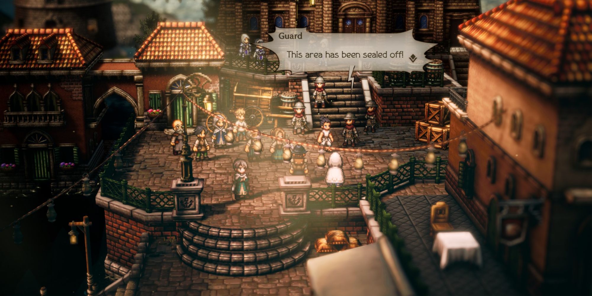 Octopath Traveler 2 - A guard in Canalbrine warning people away from the murdered apothecary