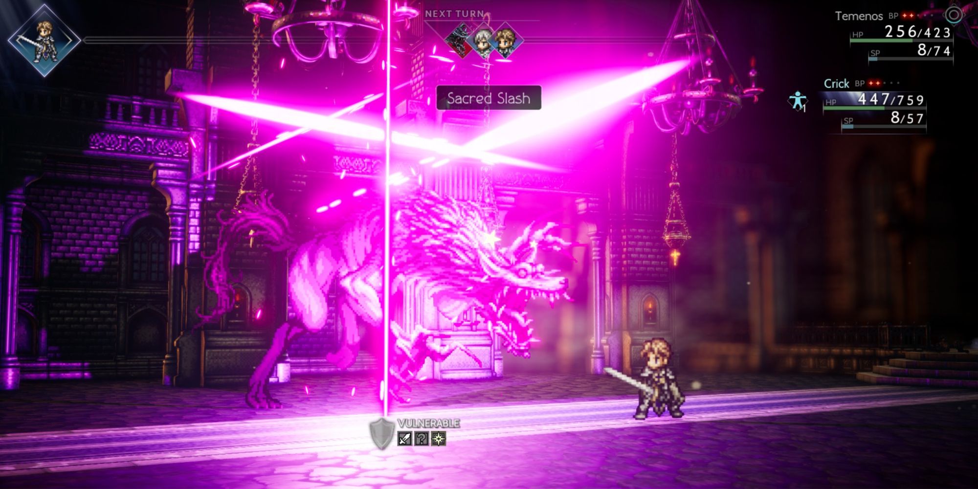 Octopath Traveler 2 - Crick using Sacred Sword against Felvarg