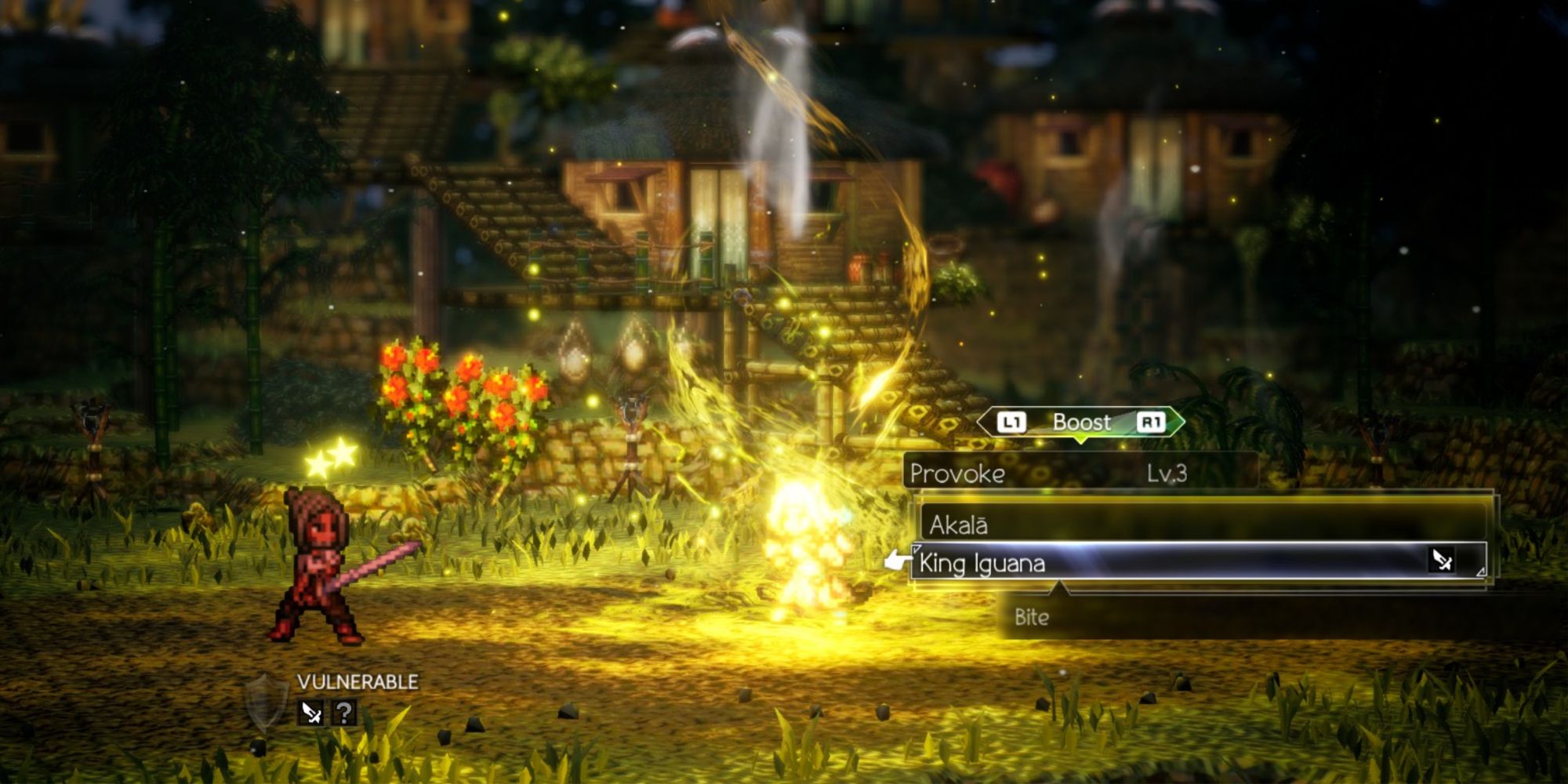 Octopath Traveler  2 - Fully boosted Ochette fighting a villager