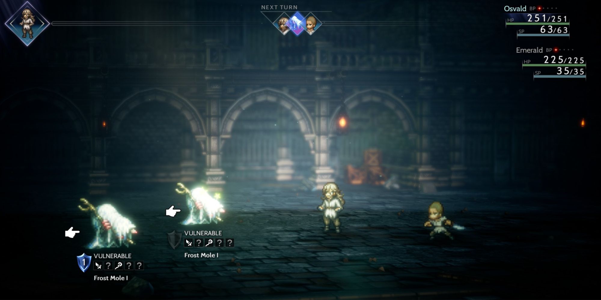 Octopath Traveler 2 - Osvald and Emerald fighting against a random encounter