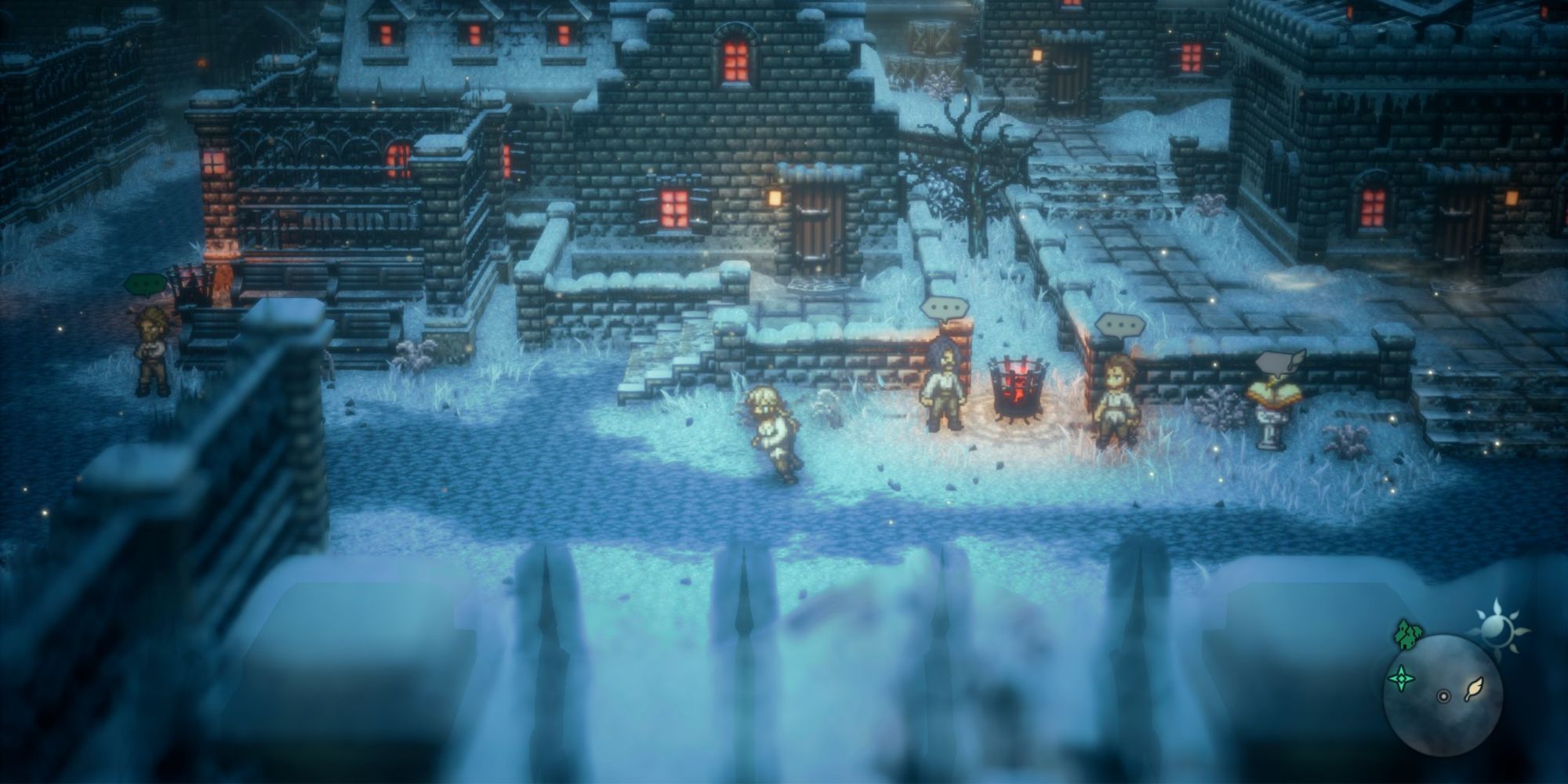 Octopath Traveler 2 - Osvald walking through the yard