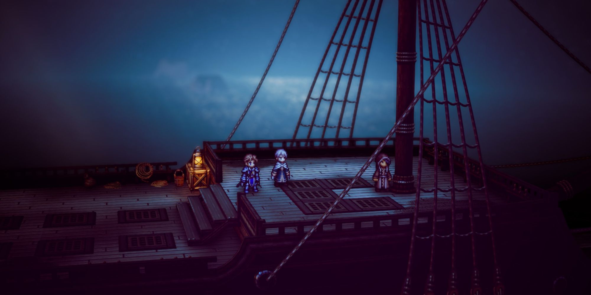 Octopath Traveler 2 - Temenos and Crick confronting Vados on the Sacred Guard Ship