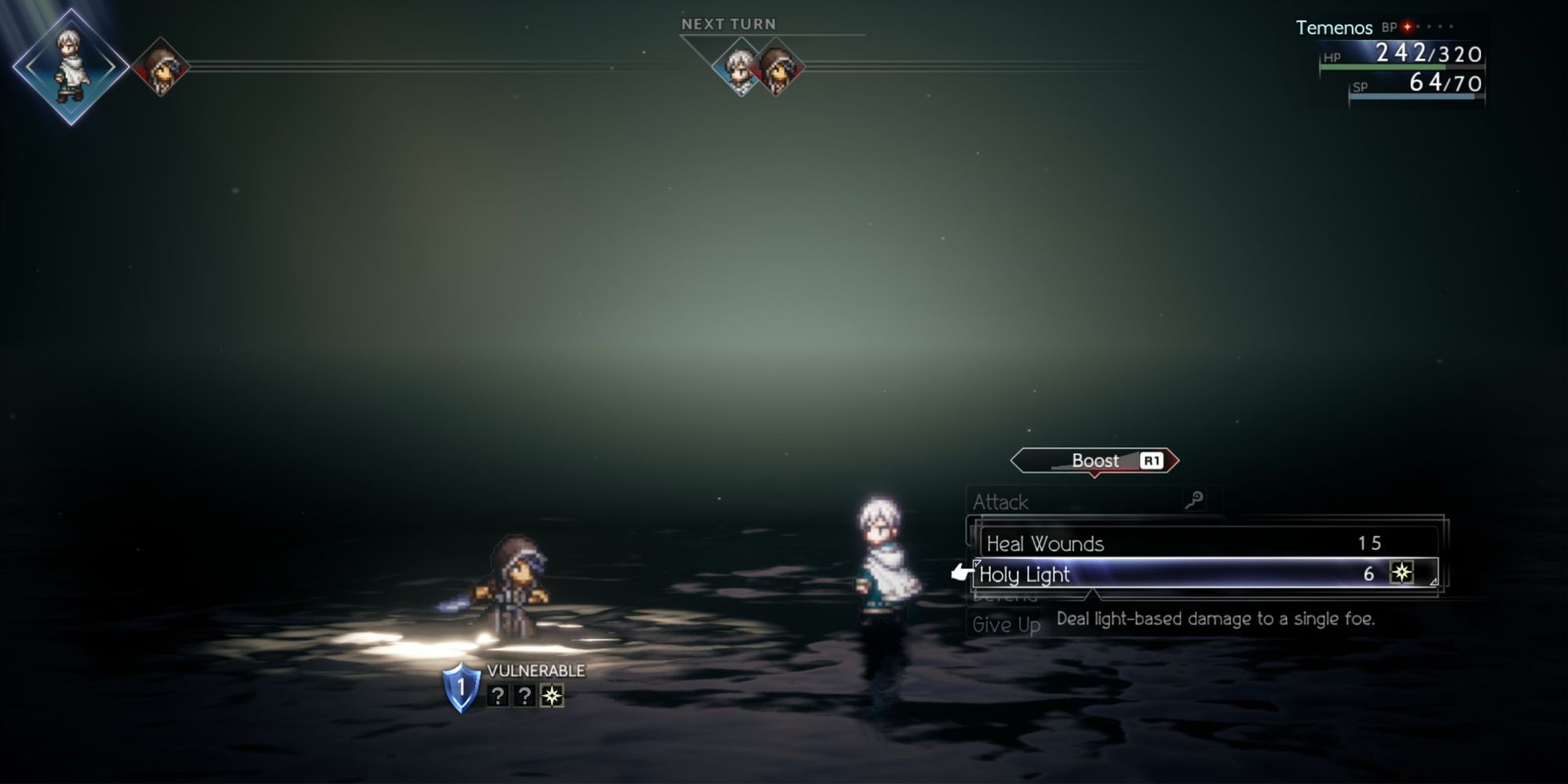 Octopath Traveler 2 - Temenos beating up Vados for information
