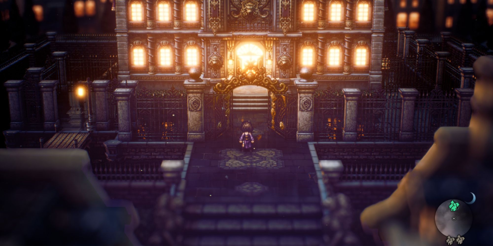 Octopath Traveler 2 - The New Delsta Game Parlor at night