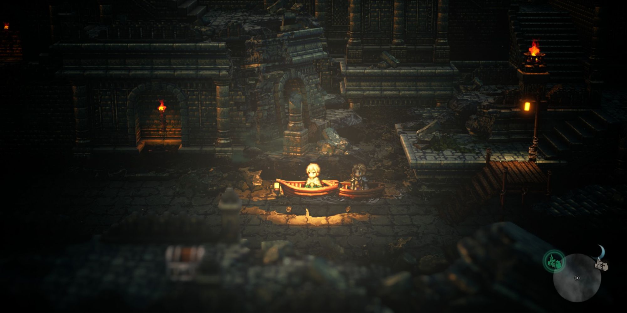 Octopath Traveler 2 - Using canoes in the dungeon beneath the cathedral