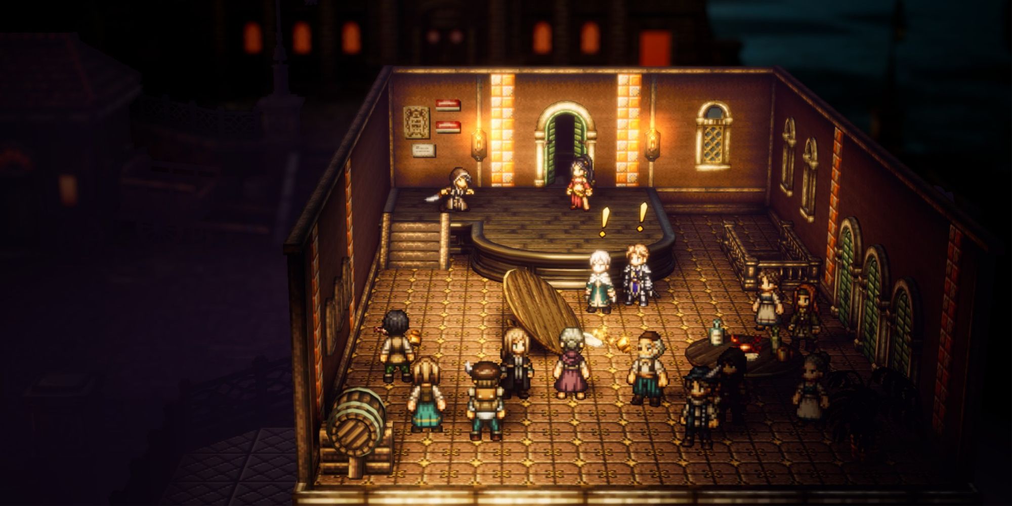 Octopath Traveler 2 - Vados trying to attack the dancer in the Canalbrine Tavern