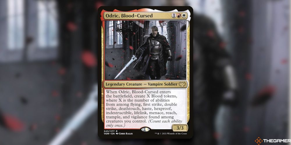 Odric Blood Cursed Card In front of Card Art Blurred MTG TCG