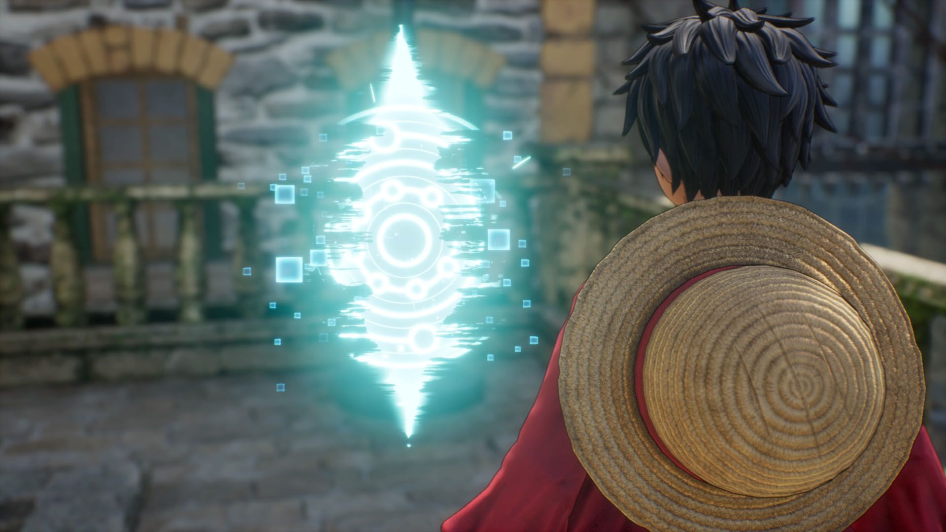 Luffy looking at light blue frayed memory portal