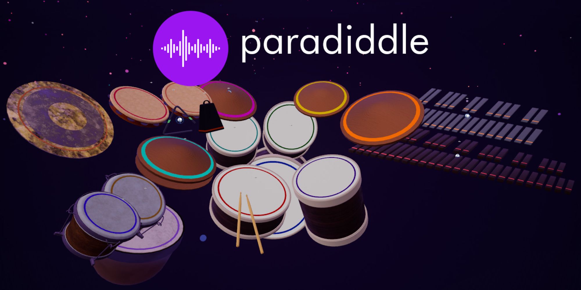 A VR drum set with a lot of different drum set components.