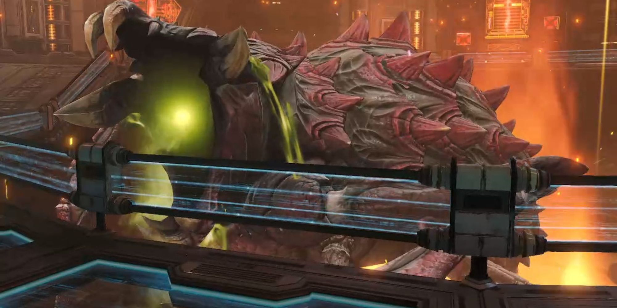 The Parasite Queen roars while holding on to the railing