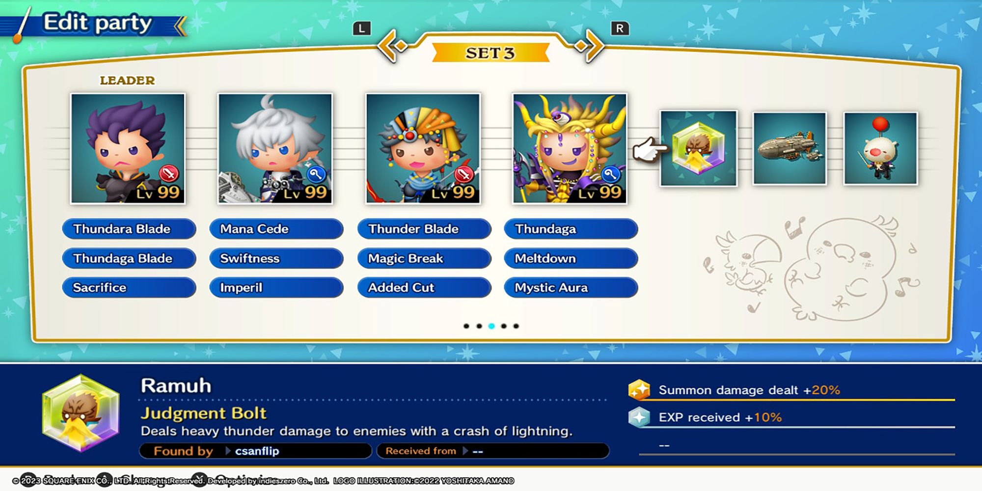 A party featuring Leon, Alphinaud, Firion, and The Emperor focuses on Thunder abilities to clear a specific mission in Theatrhythm: Final Bar Line.
