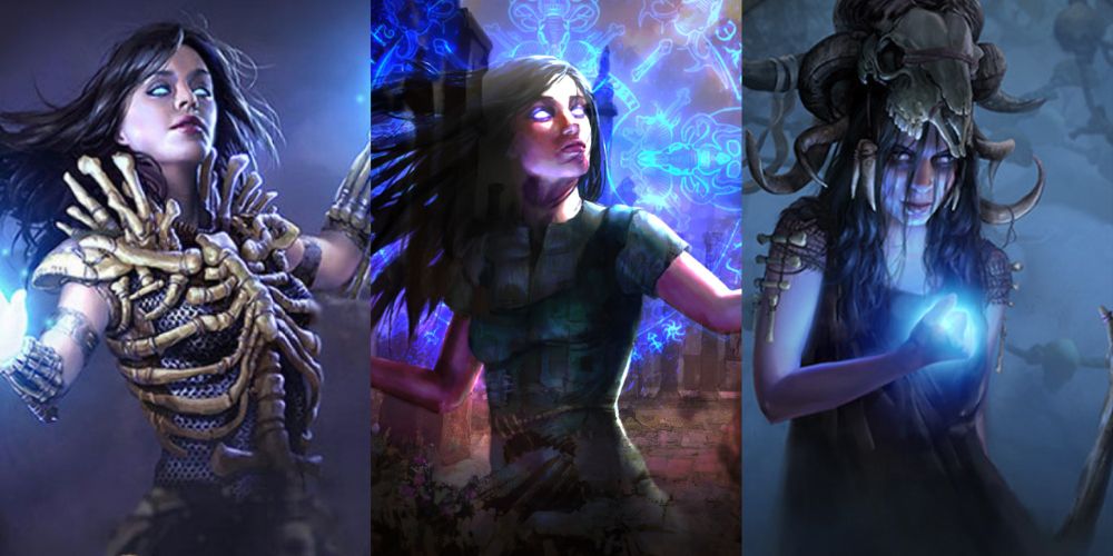 The same long black haired woman with glowing blue eyes from Path of Exile as a Necromancer on the left, Witch in the middle, and Occultist on the right