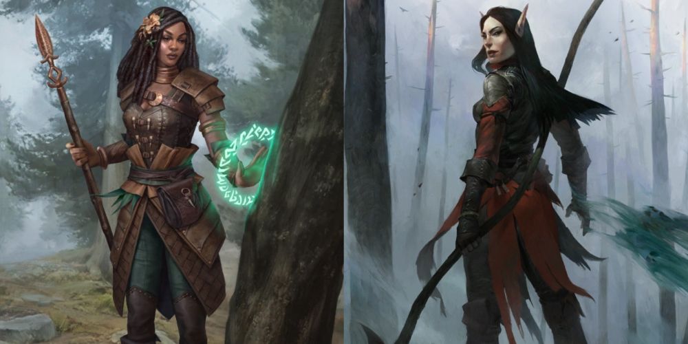 Pathfinder: Kingmaker Druid holding a spear and channeling power from a tree on the left, Inquisitor in a foggy forest with back to viewer face looking at viewer on the right