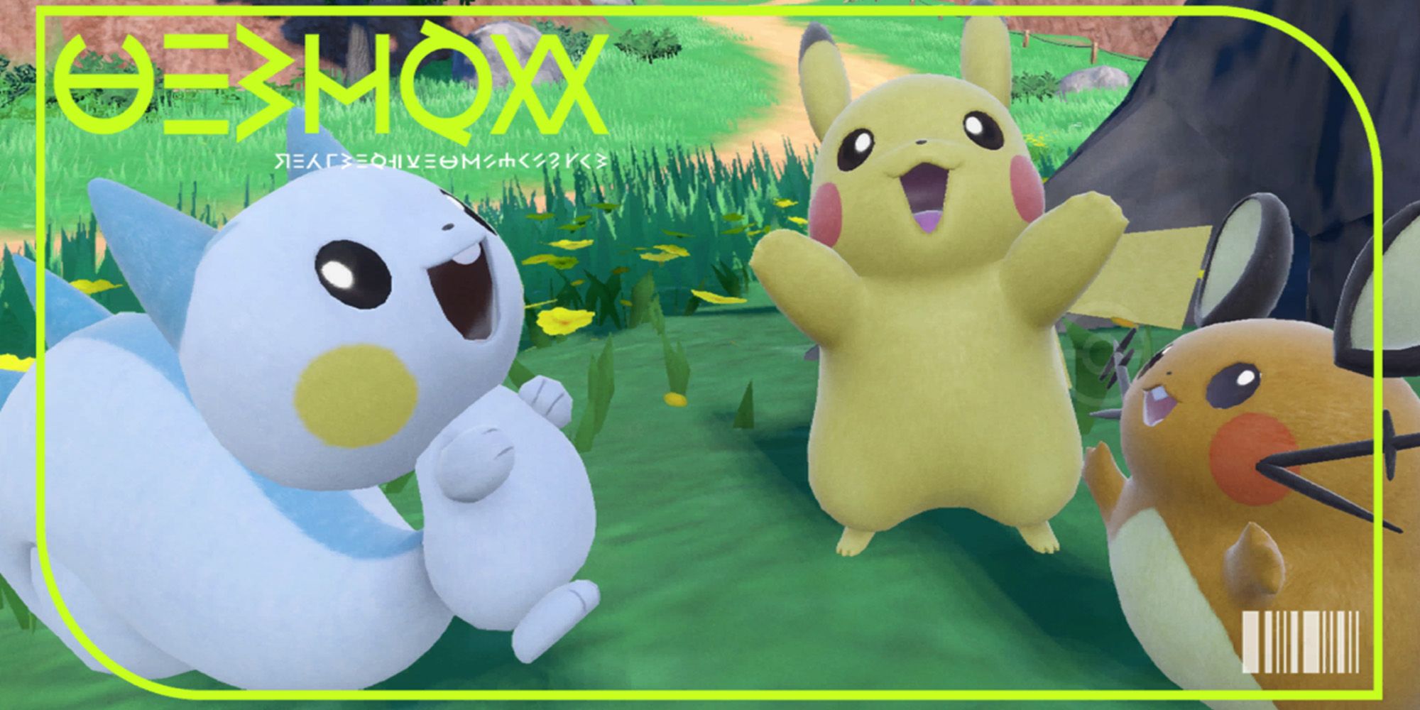 Patichirisu laughing with Pikachu and dedenne in its pokedex picture for Pokemon Scarlet and Violet