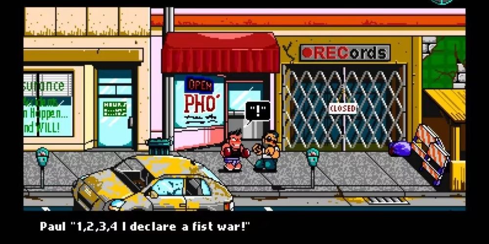 Paul declaring a fist war on a civilian in River City Ransom