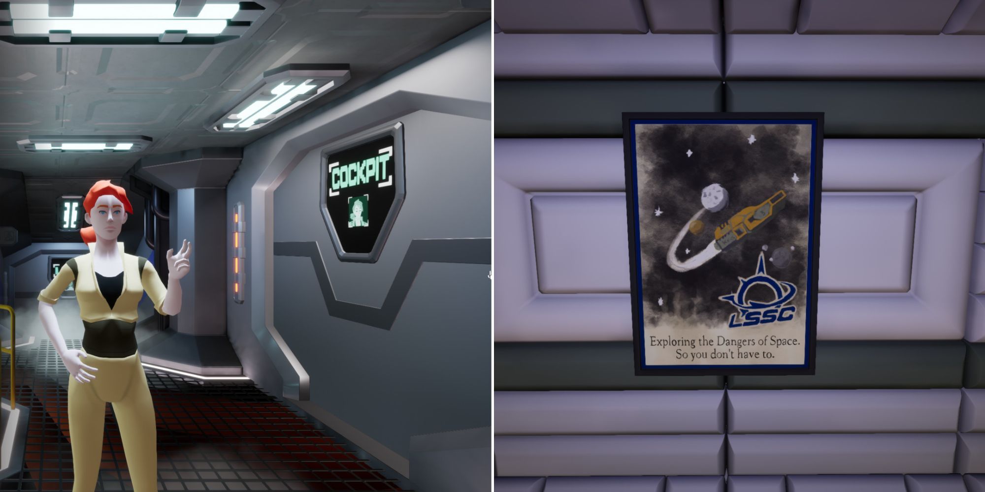 Peyton Standing Outside The Cockpit And A Poster For The LSSC About Exploring The Dangers Of Space In Vessels