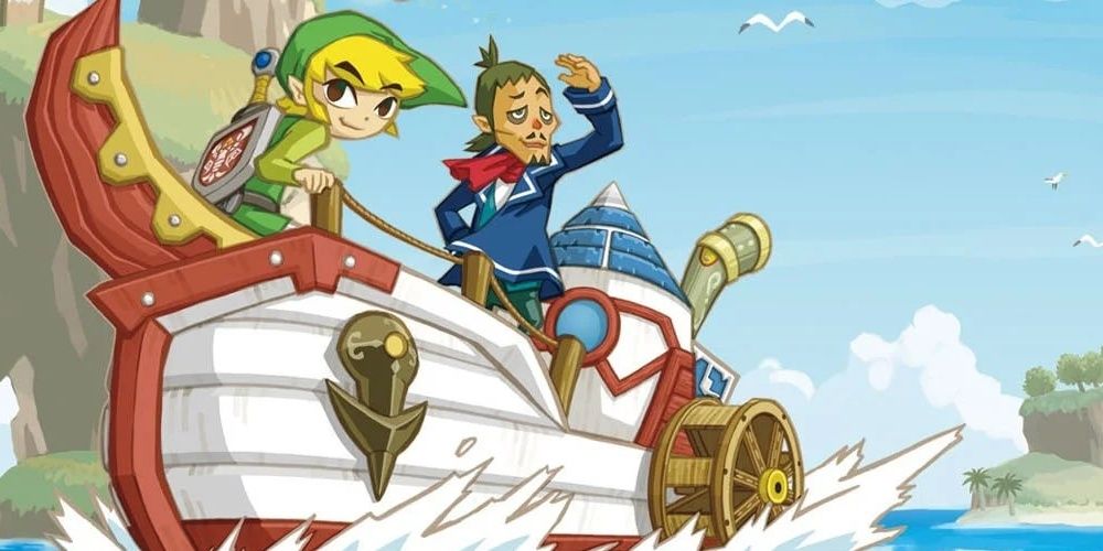 Link and Linebeck sailing in Phantom Hourglass the video game