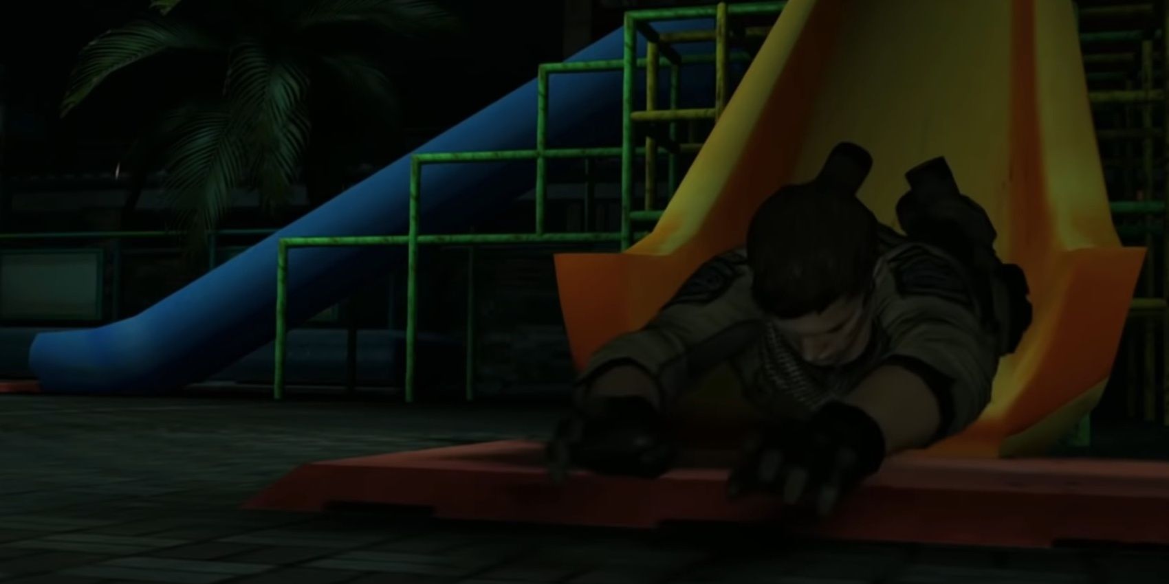 Piers going down the slide from Resident Evil 6.