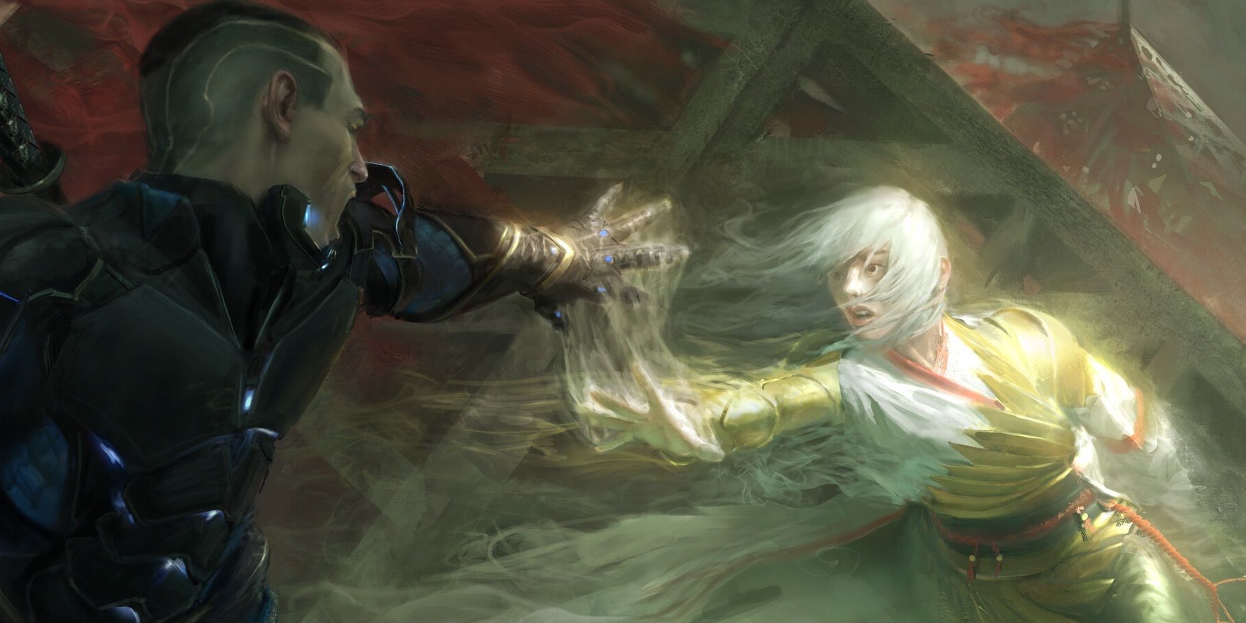 man reaching out for disappearing woman