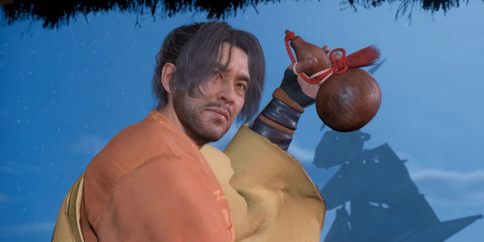 A man stands holding something in his hand that he's showing the protagonist. In the background you can see its nighttime in Wild Hearts