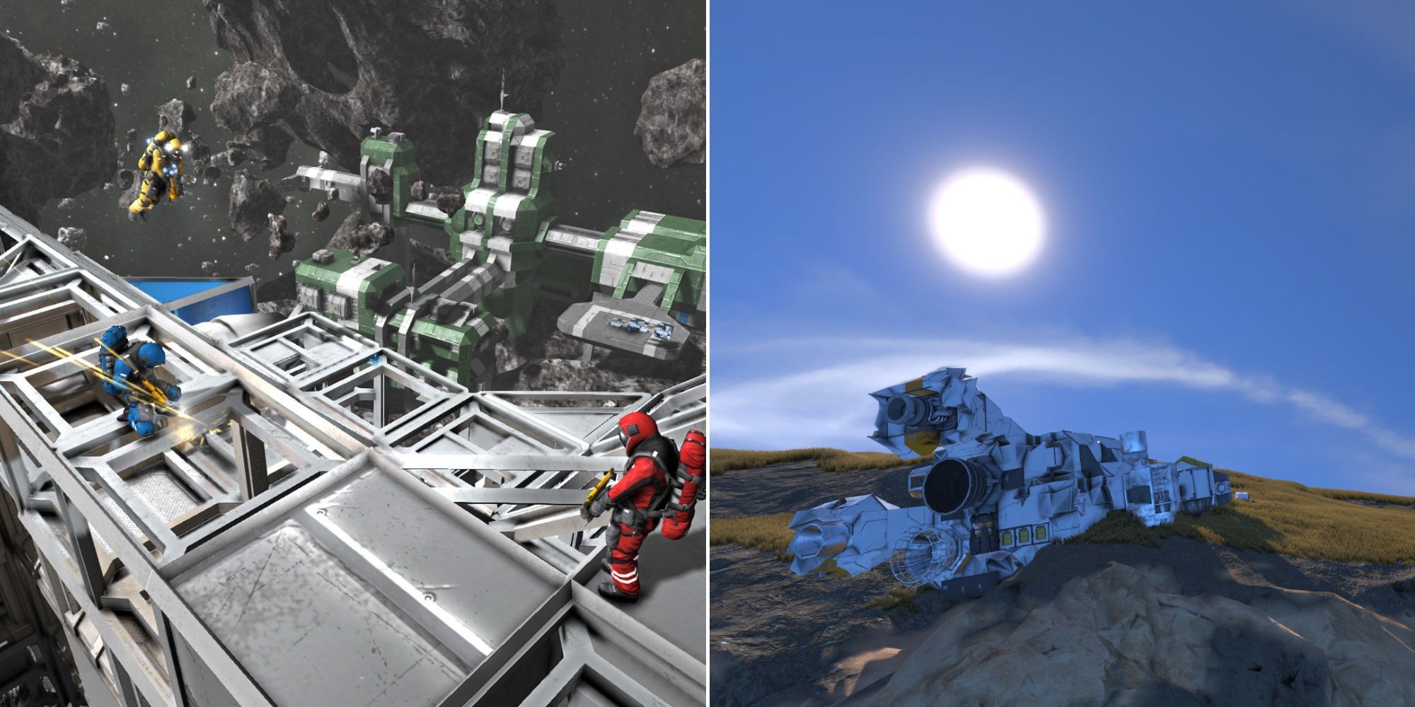 Players Fixing A Spaceship In Space And A Spaceship Landing On A Planet In Space Engineers