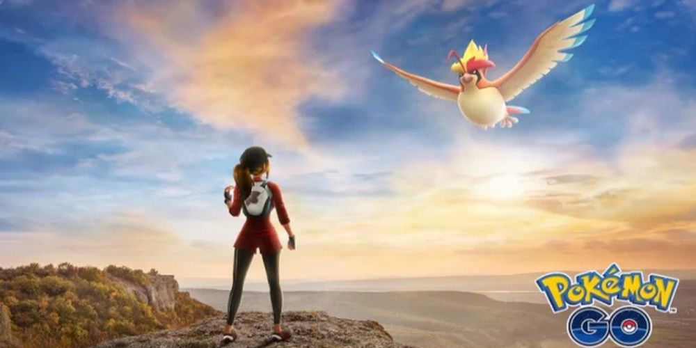 A Pokemon Go Trainer looking up into the sky at a flying Mega Pidgeot