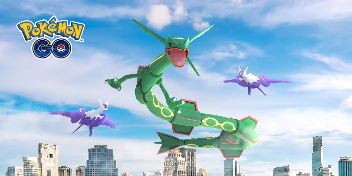 Rayquaza in the sky with Mega Latios and Mega Latias on either side of them