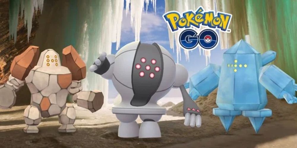 Regirock, Registeel, and Regice in a cavern with the Pokemon Go logo above them