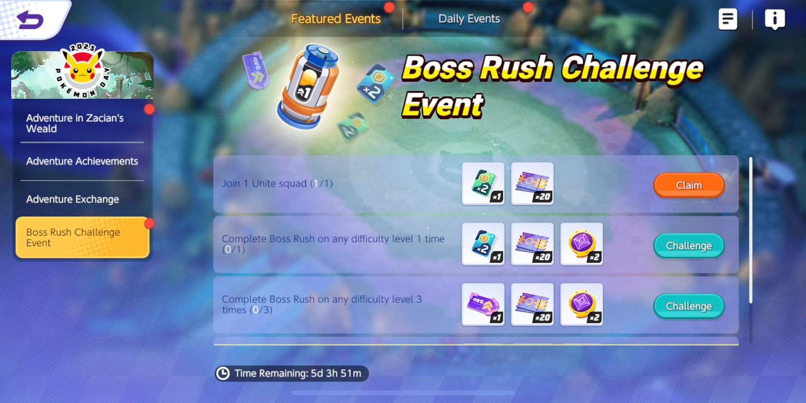 Pokemon Unite Boss Rush Challenge Event screen showing event challenges and rewards