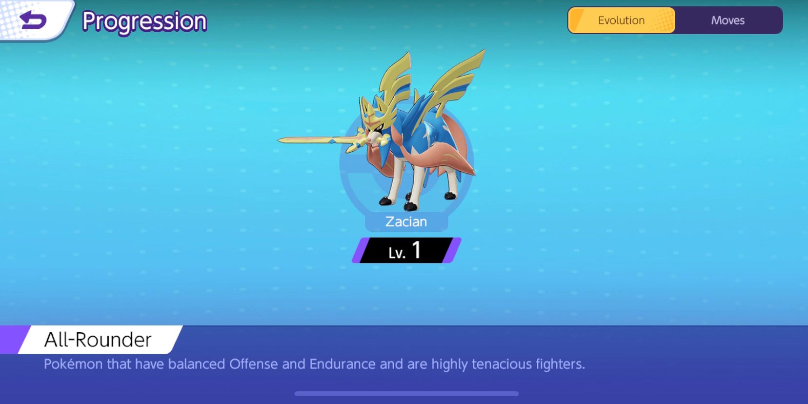 Zacian's Progression screen from Pokemon Unite, showing that Zacian has no evolutions